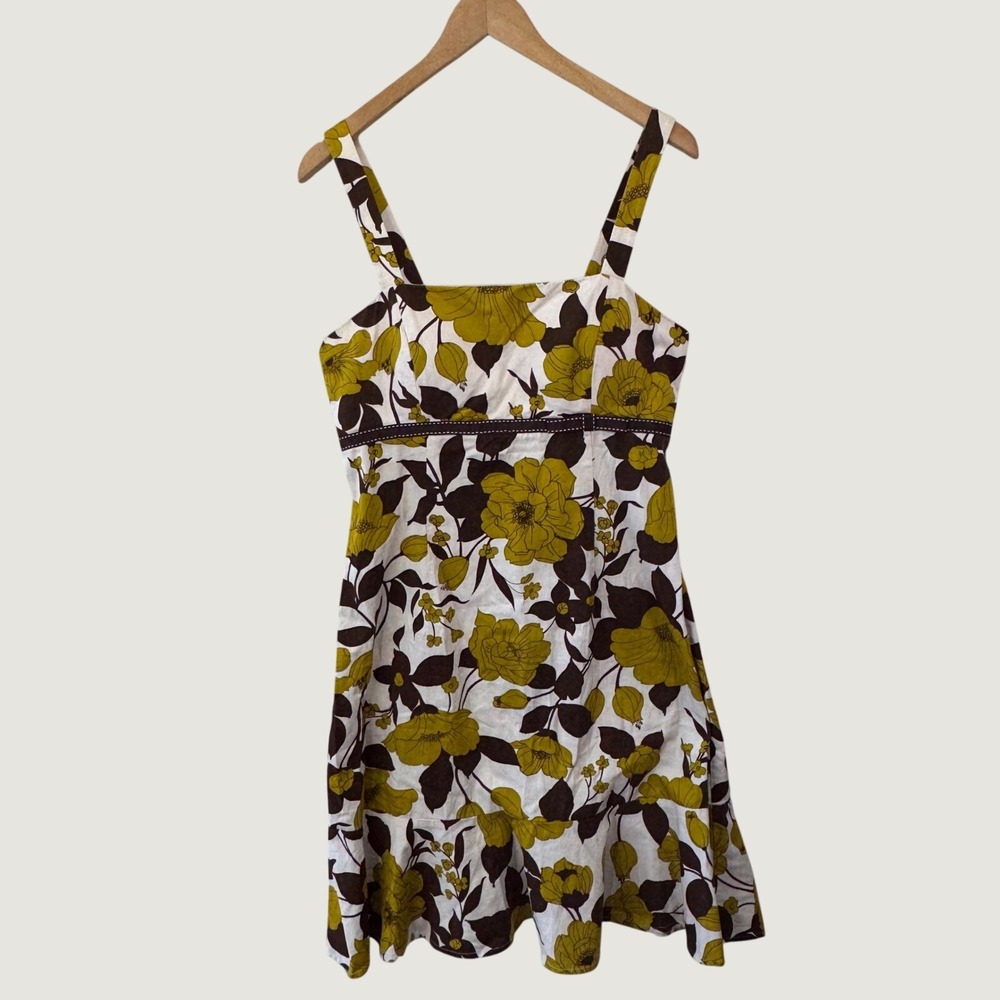 Madison Leigh Petite Floral Dress 12P Yellow Brown Retro Summer Fit Flare